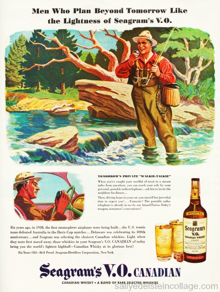 WWII vintage ad, illustration man fishing