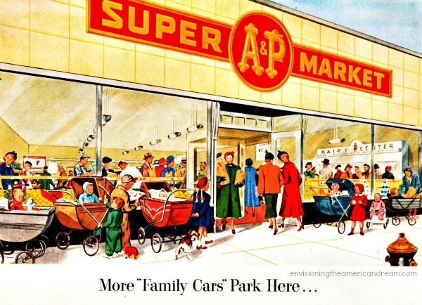 Vintage illustration- Ad A&P Supermarket shopping A&Psupermarket illustration suburbia 1950s