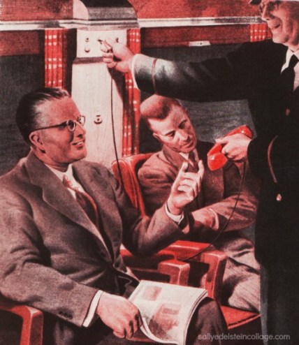vintage illustration commuter businesman train phone