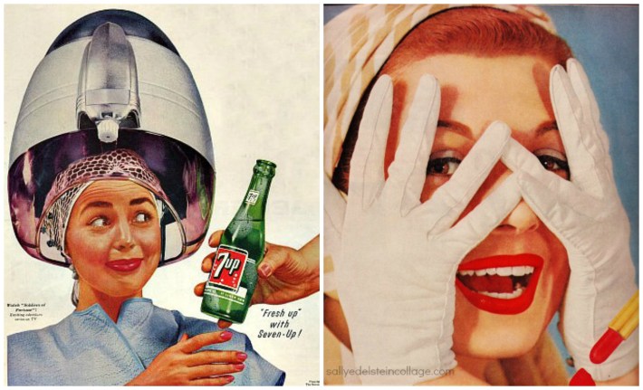 Vintage Ads 1950s (L) 7-Up (R) ViV Lipstick by Toni Beauty Parlor hairdryer woman white gloves beauty
