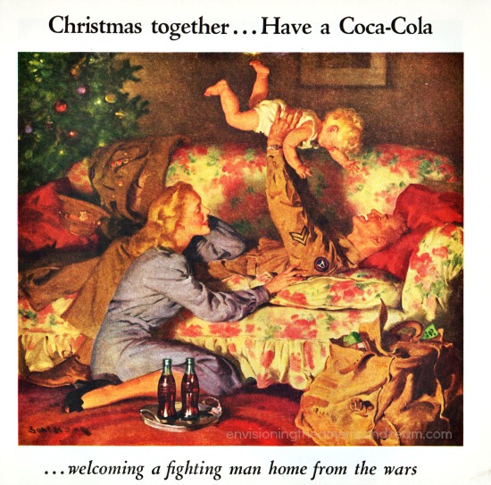 Vintage Coca Cola Ad 1945 Returning Vets Vintage coke ad illustration WWII soldier home