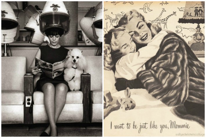 (L) Photo Beauty Parlor 1962 (R) Vintage Illustration Ad for Hollander Furs 1960s Beauty Parlor poodle illustration mother daughter