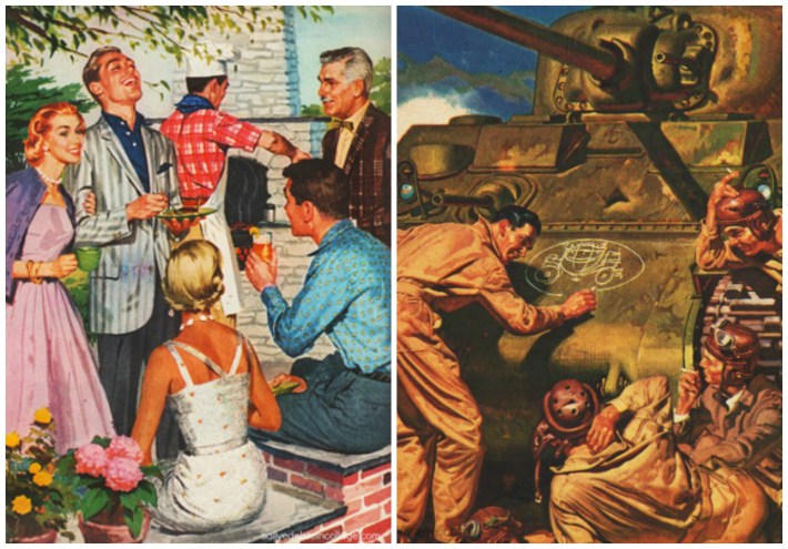 Vintage Ads (L) 1957 (R) 1943 vintage illustration suburban barbeque 1950s and WWii soldiers