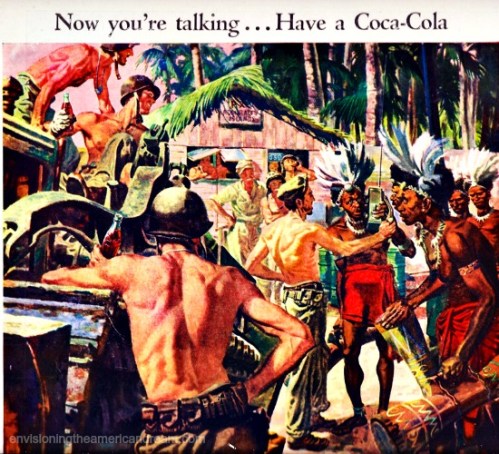 vintage WWII Coke ad 1945 Admiralty Isles illustration soldiers and natives and bottles of Coke