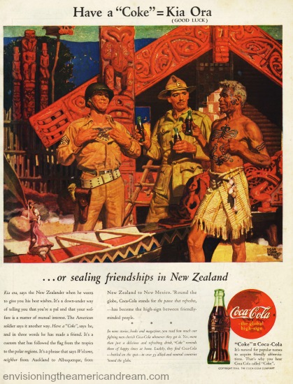 Vintage WWII ad Coke in New Zealand 1944  illustration soldiers and natives