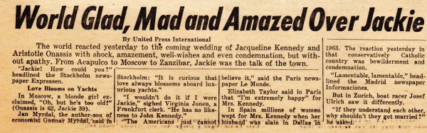 Kennedy Jackie Marriage reaction newspaper clipping