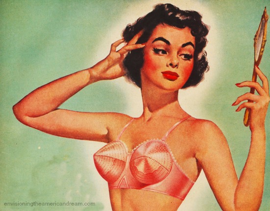 Vintage Permalift Bra Ad 1951 Vintage illustration woman in bullet bra looking in mirror 1950s