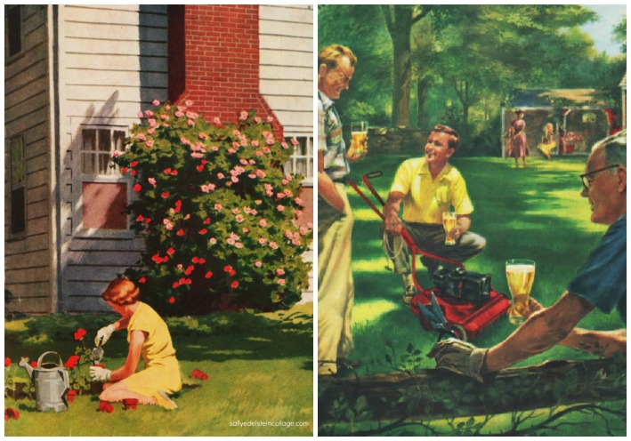 vintage illustration suburbs gardening lawns