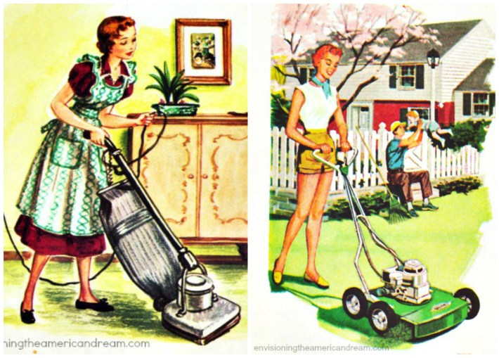 Mowing a lawn as easy as Vacuuming vintage illustrations 1950s suburbs gardening mowers housework