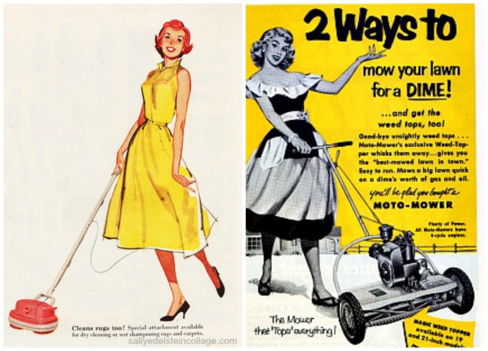 The Ease of Mowing a Lawn vintage illustration 1950s housewives housework lawn mower sexist ads