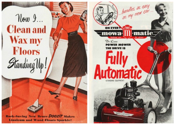 Vintage ads to Women suburbs lawn mowing sexist