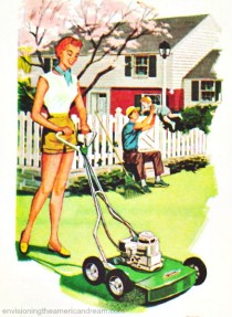 vintage illustration woman mowing lawn