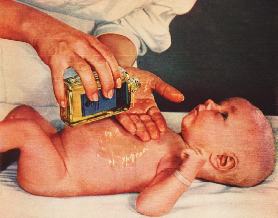 Vintage illustration Mennen Oil for Babies 1943 baby and doctor