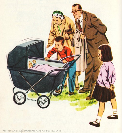vintage  schoolbook illustration family and baby