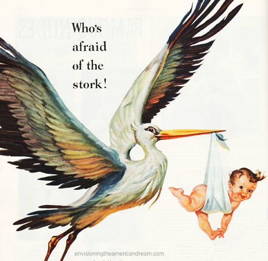 Who's Afraid of the Stork Vintage Ad 1951 babys pregnancy stork illustration