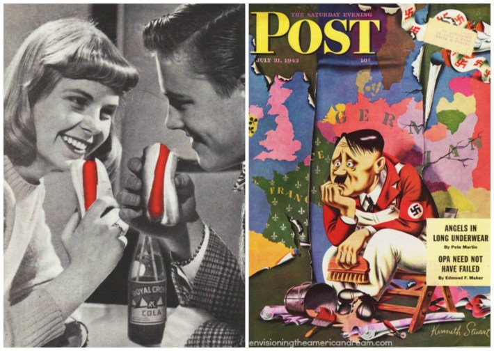 couple eating Hot Dogs and vintage wwii illustration Hitler