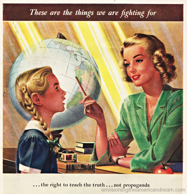 America patriotism illustration little girl, teacher, globe,1940s