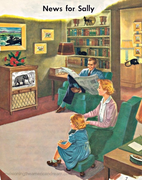 Vintage children's schoolbook illustration family at home TV