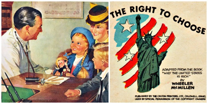 Vintage illustration doctor and family statue of liberty