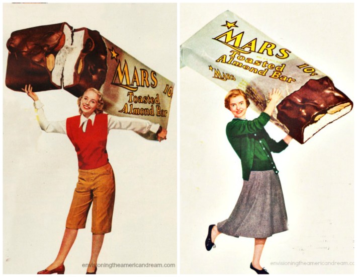 Vintage candy Ad Mars Bar image girl carrying chocolate bar
