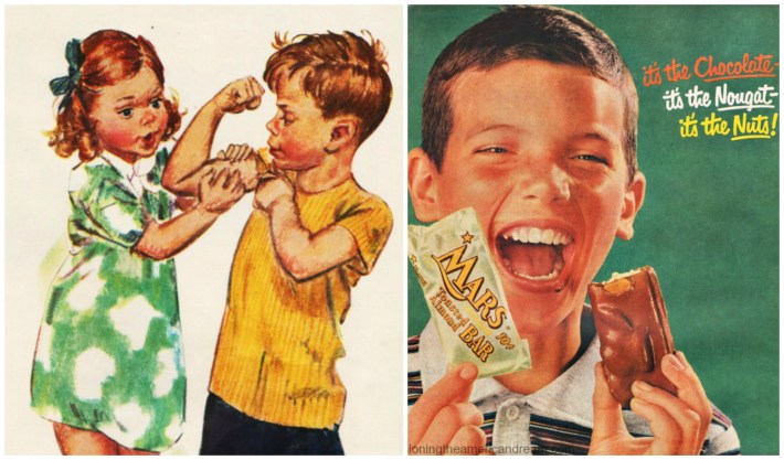 Vintage illustration girl and boy flexing muscle 