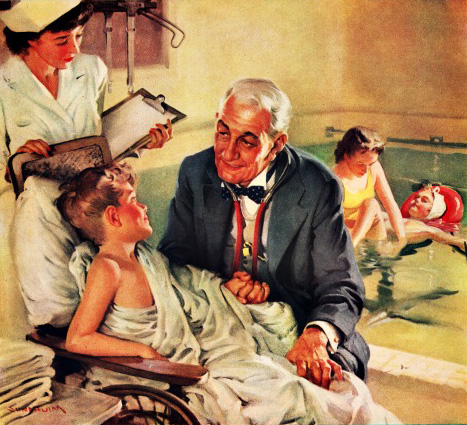 Vintage Illustration doctor visiting patients in a hospital