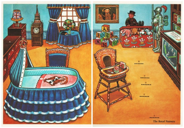 Illustration Of Prince Williams Royal Nursery from Vintage Paper Doll Book "Chuck & Di Have a Baby" by John Boswell 1982. illustration Prince William Royal Nursery