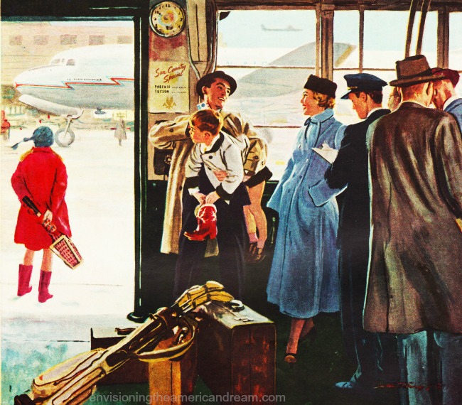 vintage illustration travelers in airport