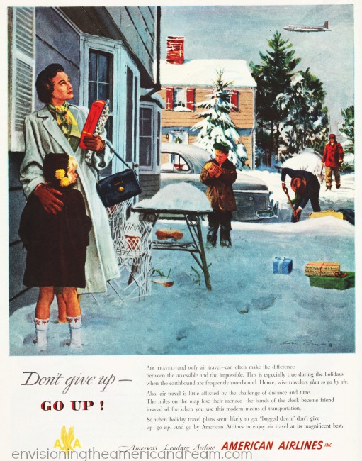 vintage illustration travelers in snow outside house