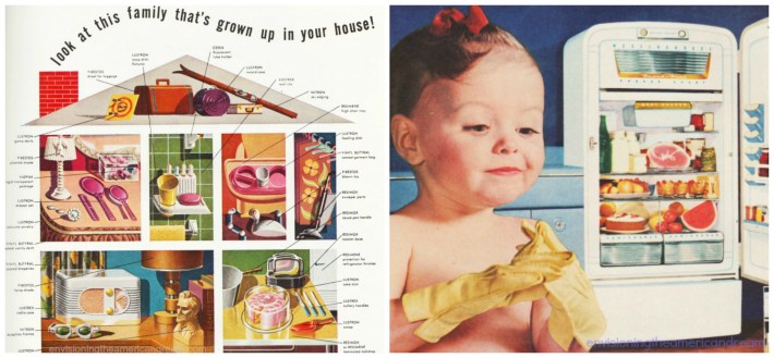 (L) Vintage ad Monsanto Plastic through the House 1948 (R) Vintage Westinghouse ad vintage ads plastics baby refrigerator