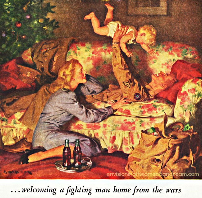 vintage illustration family at Christmas soldier coming home