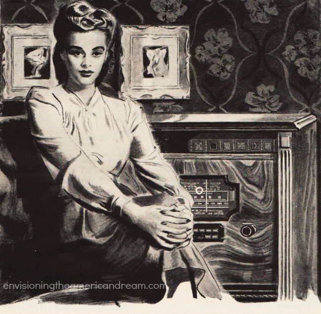 vintage illustration woman radio 1940s