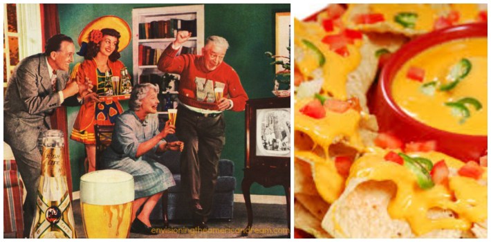 vintage illustration family watching football game on TV and pictureof  nachos