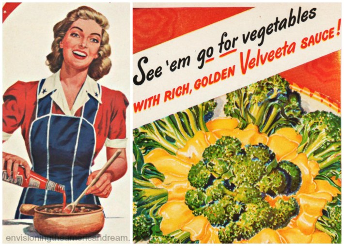 Food Velveeta WWII vegetables ads illutration housewife 40s 