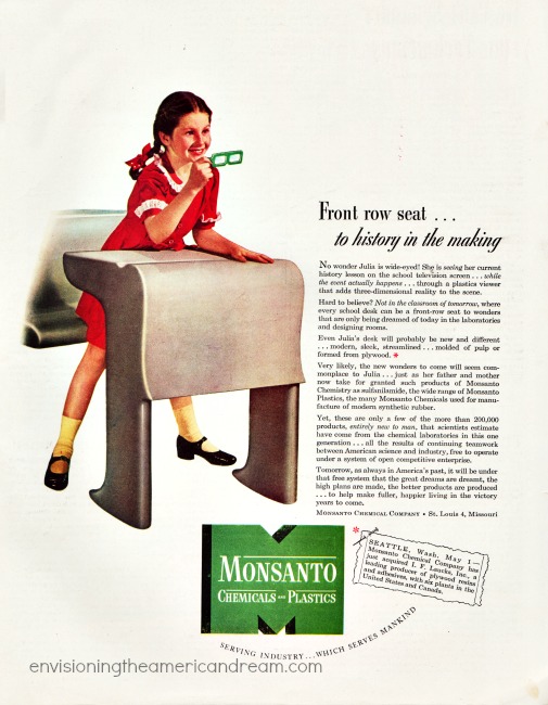 retro photo school girl at desk with 3D plastic glasses