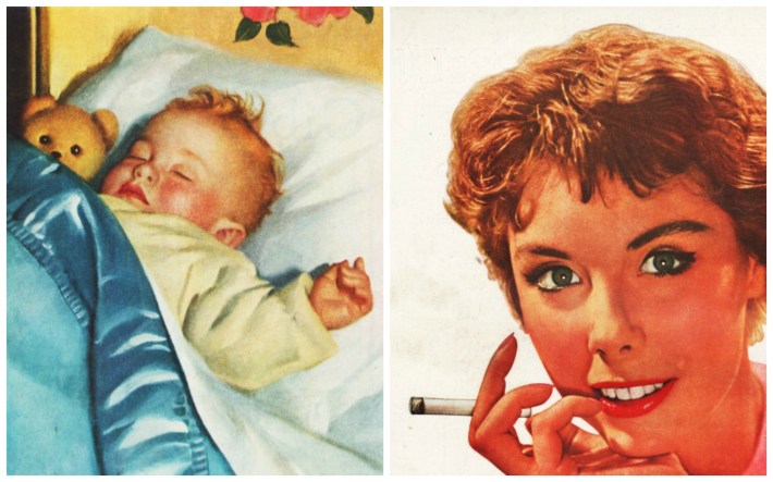 illustration sleeping baby and woman smoking