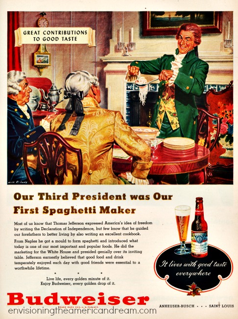 vintage illustration Thomas Jefferson serving spaghetti