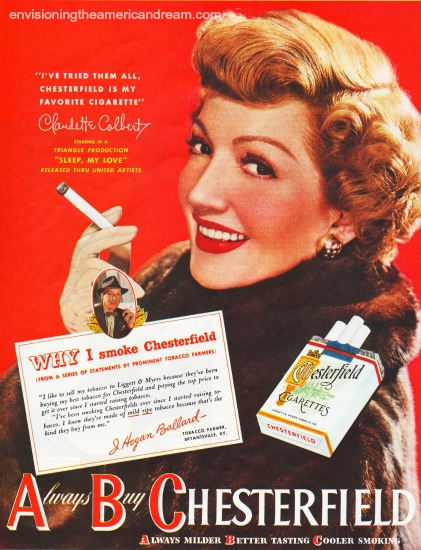 Film star  Claudette Colbert  Chesterfield Cigarette ad 1948