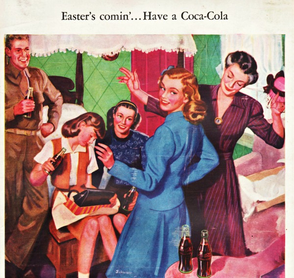 vintage illustration coke ad  group gathered celebrating Easter 