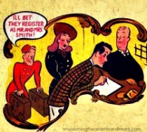 Vintage illustration couple checking into hotel