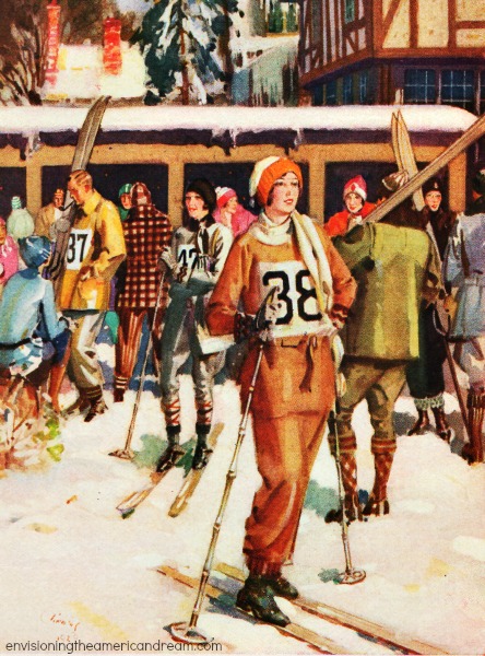 vintage illustration skiers 1930