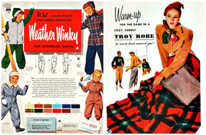 winter weather,  vintage ads lap robe, snow suits