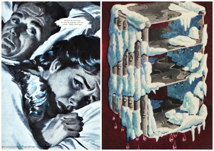 vintage illustrations couple in bed and frost in freezer