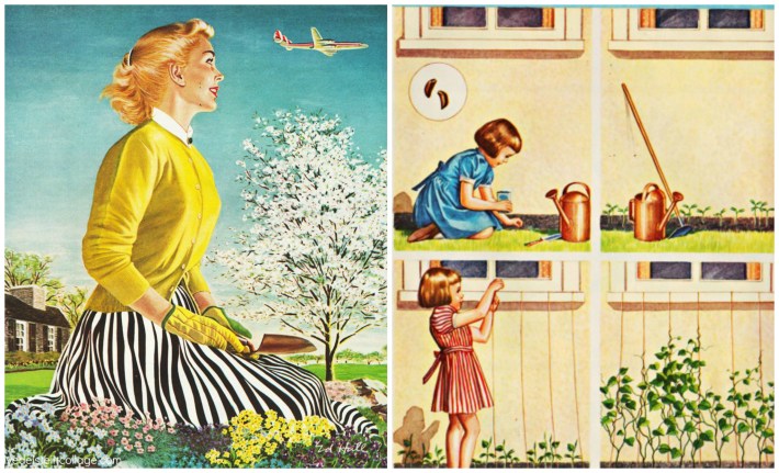 vintage illustration woman gardening  and children planting