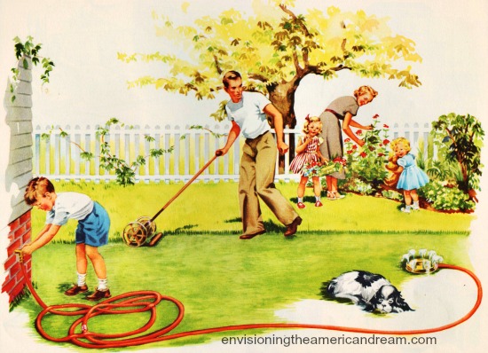 vintage illustration American family in yard gardening