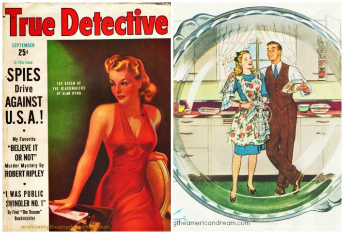 Vintage cover True Detective Magazine illustration of couple in kitchen washing dishes 