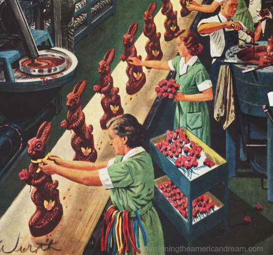 vintage illustration Easter chocolate bunnies factory