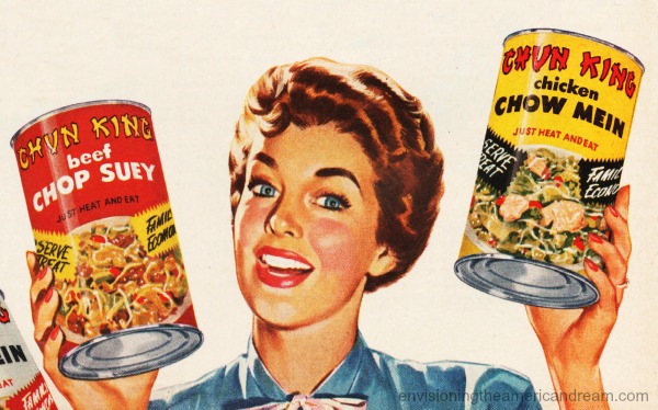 Food Chun King  ad housewife 1950s holding cans