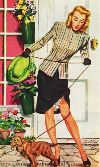 vintage illustration girl walking dog