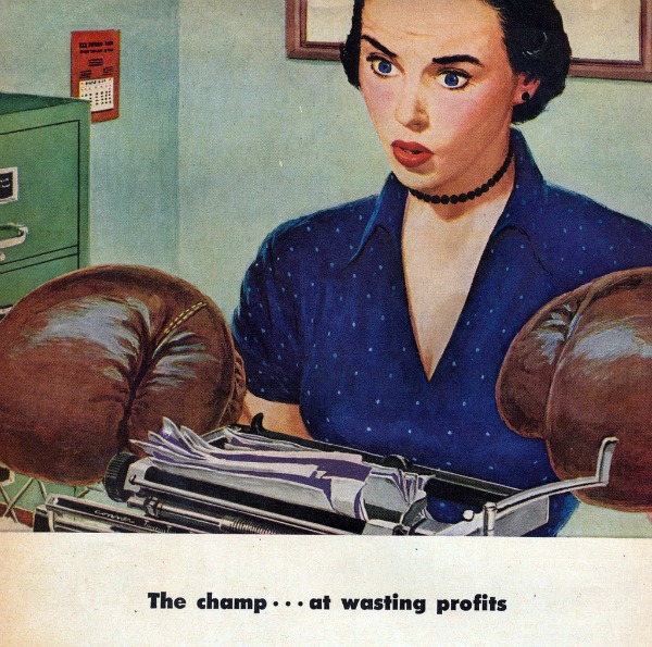 vintage illustration secretary with boxing gloves